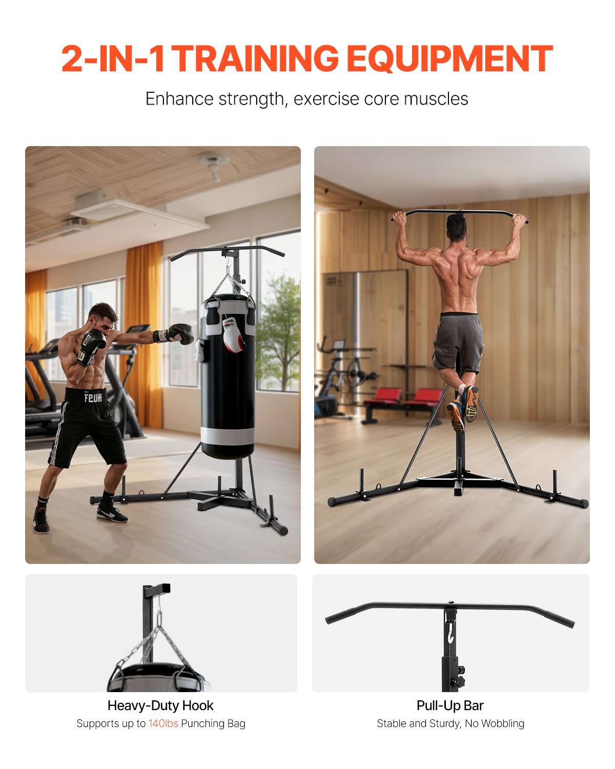2 in 1 Punching Bag Stand, Steel Heavy Duty Workout Equipment, Adjustable Height Boxing Punching Bag Stand with Pull Up Bar, Freestanding Sandbag Rack, Holds Up to 140 lbs, for Home Gym Fitness