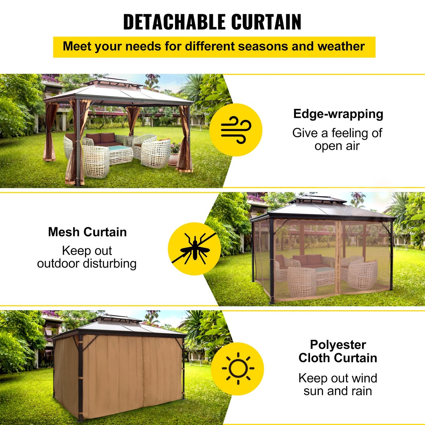 Patio Gazebo 10x10ft Hardtop Gazebo Gazebo with Mosquito Netting Outdoor Gazebo Patio Tent Garden Winds Replacement Canopy Double Tier Roof Canopy Gazebos For Patios Garden Home Lawn Brown