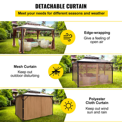 Patio Gazebo 10x10ft Hardtop Gazebo Gazebo with Mosquito Netting Outdoor Gazebo Patio Tent Garden Winds Replacement Canopy Double Tier Roof Canopy Gazebos For Patios Garden Home Lawn Brown