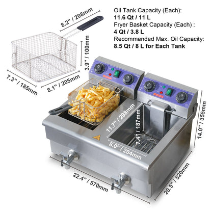 Commercial Electric Deep Fryer Countertop Deep Fryer with Dual Tanks 6000W