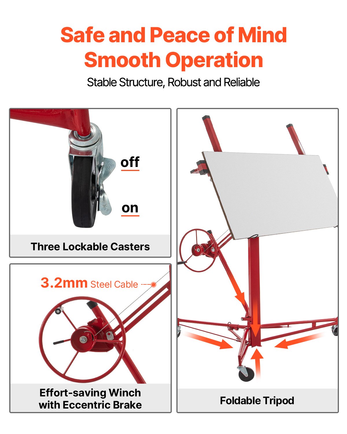 Drywall Rolling Lifter Panel, 16ft Sheetrock Lift Drywall Lift, 150lb Weight Capacity Panel Hoist Jack Tool, Steel Material with Telescopic Arm & 3 Lockable Wheels, 48x192 in Plasterboard Size