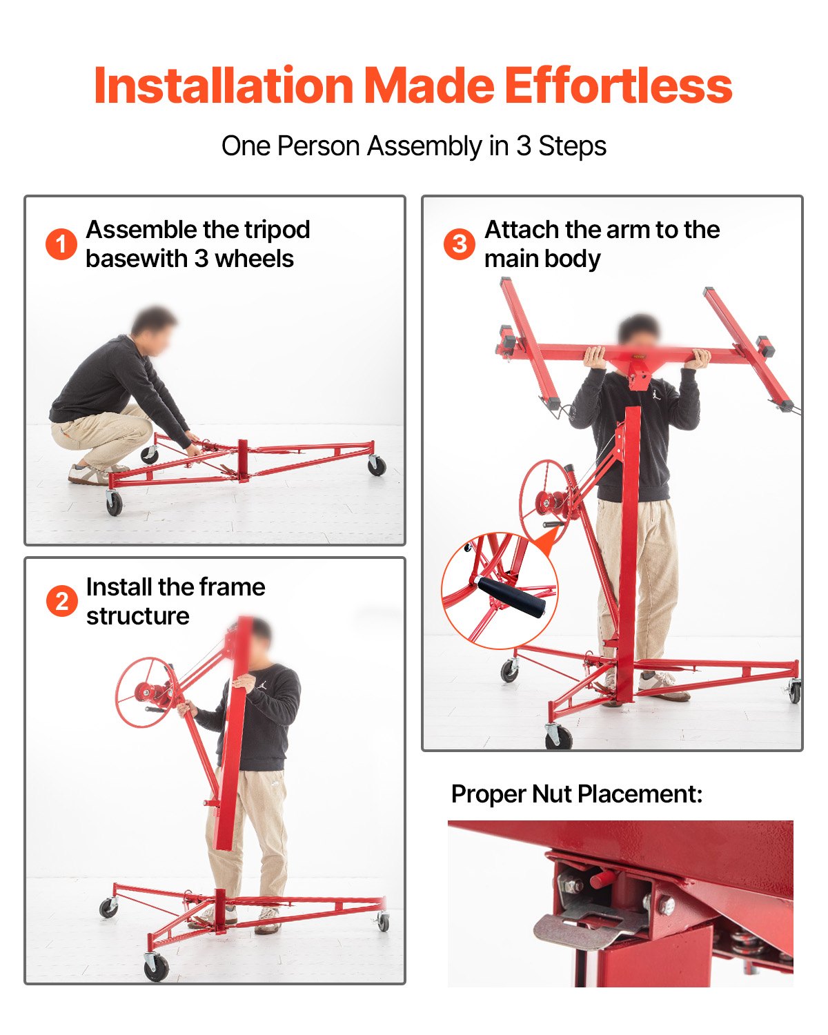 Drywall Rolling Lifter Panel, 16ft Sheetrock Lift Drywall Lift, 150lb Weight Capacity Panel Hoist Jack Tool, Steel Material with Telescopic Arm & 3 Lockable Wheels, 48x192 in Plasterboard Size
