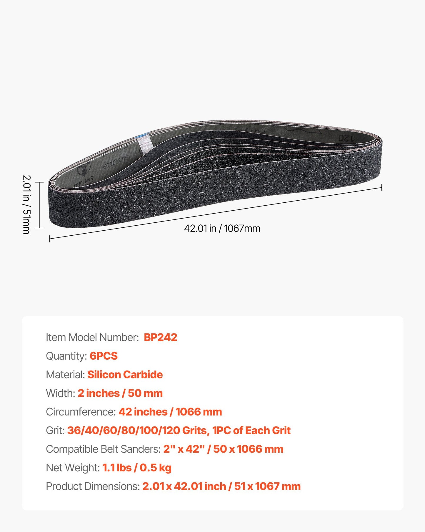 Sanding Belts, 50mm x 1066mm Belt Sander Sanding Belts, 6 PCS (Each of 36 40 60 80 100 120 Assorted Grits) Silicon Carbide for Knife Sharpening, Metalworking, Composites, Plastic Finishing