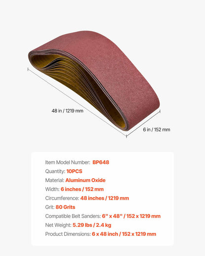 Slipband, 152 mm x 1219 mm bandslipband, 10 st 80 grit aluminiumoxid för träbearbetning, stål, aluminium, icke-järnmetaller