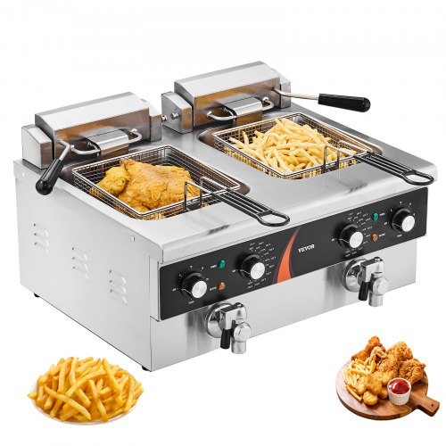 Commercial Deep Fryer, Dual Tank 3500W Electric Countertop Fryer, 2 x 9Qt / 8.5L Double Oil Fryer with 2 Baskets, 1mm Thickened Stainless Steel, Time & Temp Control, for Kitchen Restaurant Use