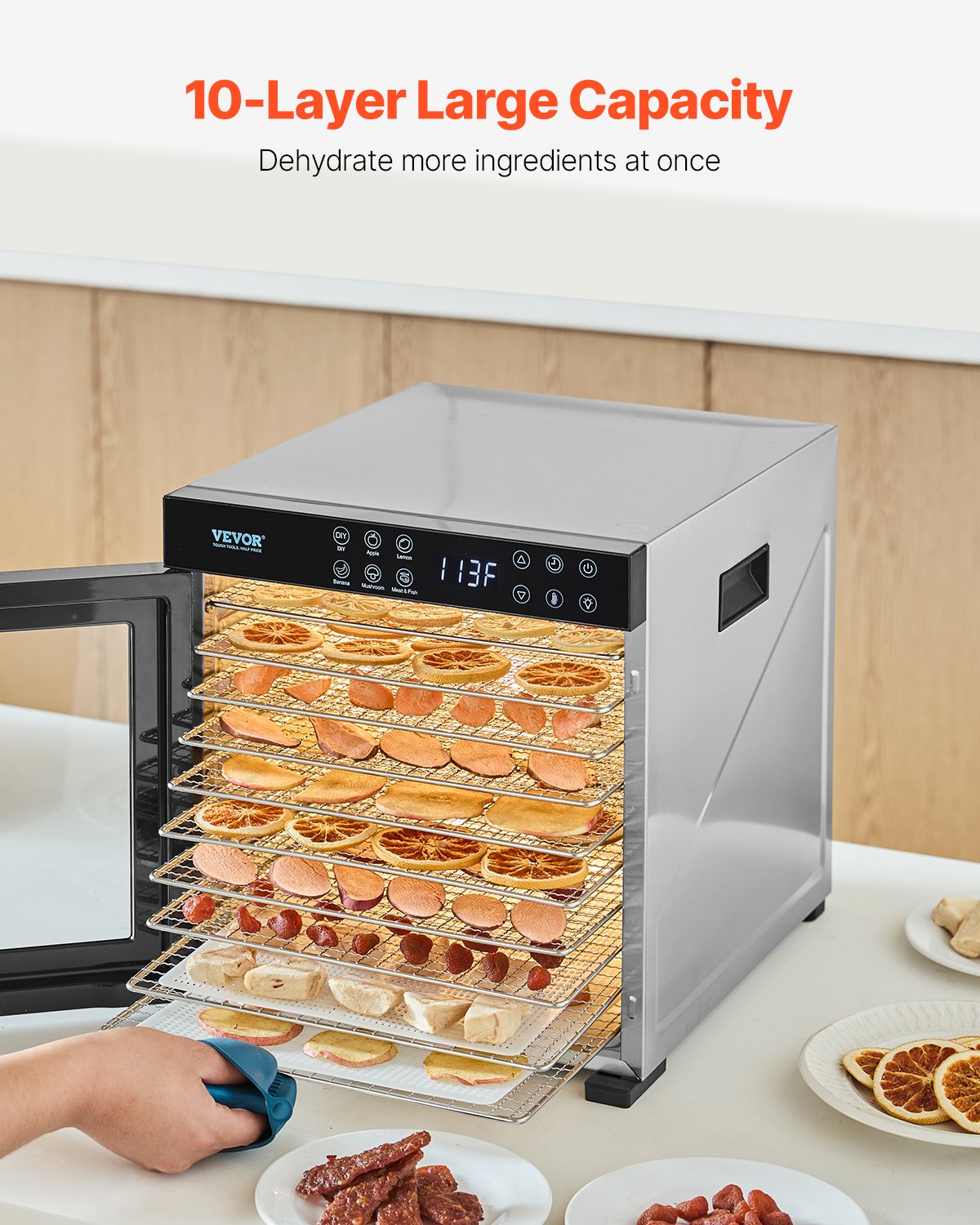 Food Dehydrator Machine, 10 Stainless Steel Trays, 1000W Electric Food Dryer with Adjustable Temperature & 24-Hour Timer, Freeze Dryer for Jerky, Meat, Fruit, Vegetables, Herbs, Dog Treats