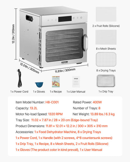 Food Dehydrator Machine, 8 Stainless Steel Trays, 400W Electric Food Dryer with Adjustable Temperature & 24-Hour Timer, Freeze Dryer for Jerky, Meat, Fruit, Vegetables, Herbs, Dog Treats
