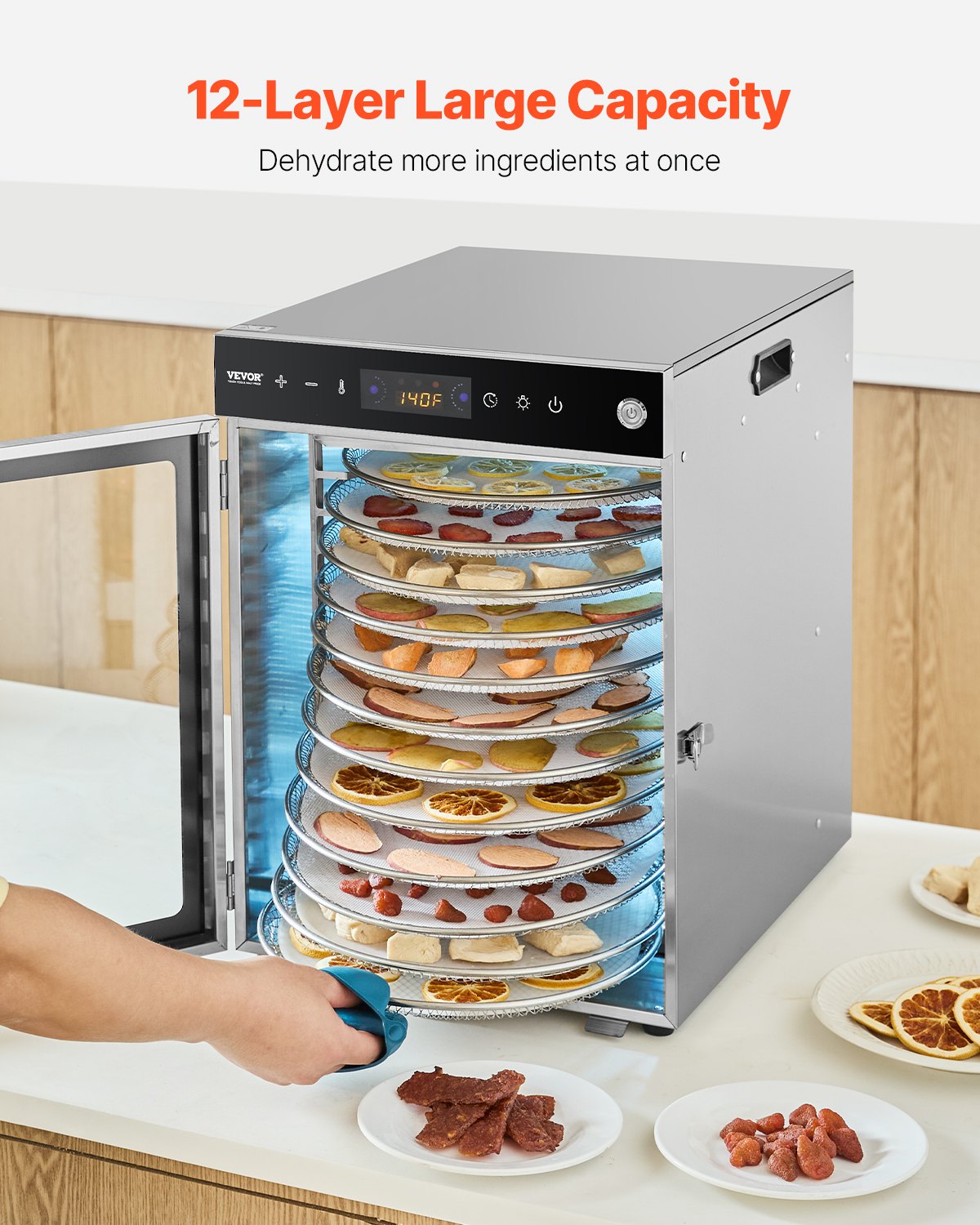 Rotary Food Dehydrator Machine, 12 Stainless Steel Trays, 800W Electric Food Dryer with Adjustable Temperature & 24-Hour Timer, Freeze Dryer for Jerky, Meat, Fruit, Vegetables, Herbs, Dog Treats