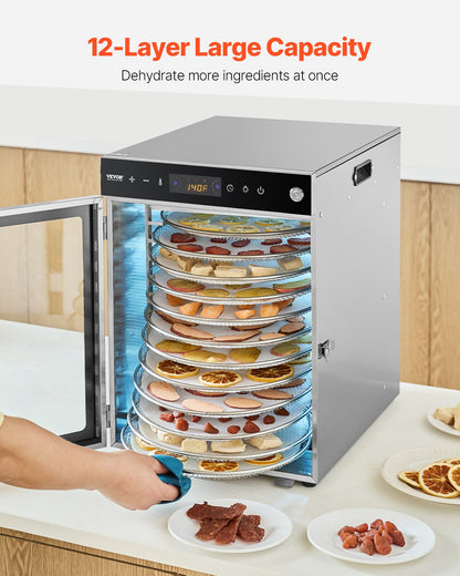 Rotary Food Dehydrator Machine, 12 Stainless Steel Trays, 800W Electric Food Dryer with Adjustable Temperature & 24-Hour Timer, Freeze Dryer for Jerky, Meat, Fruit, Vegetables, Herbs, Dog Treats