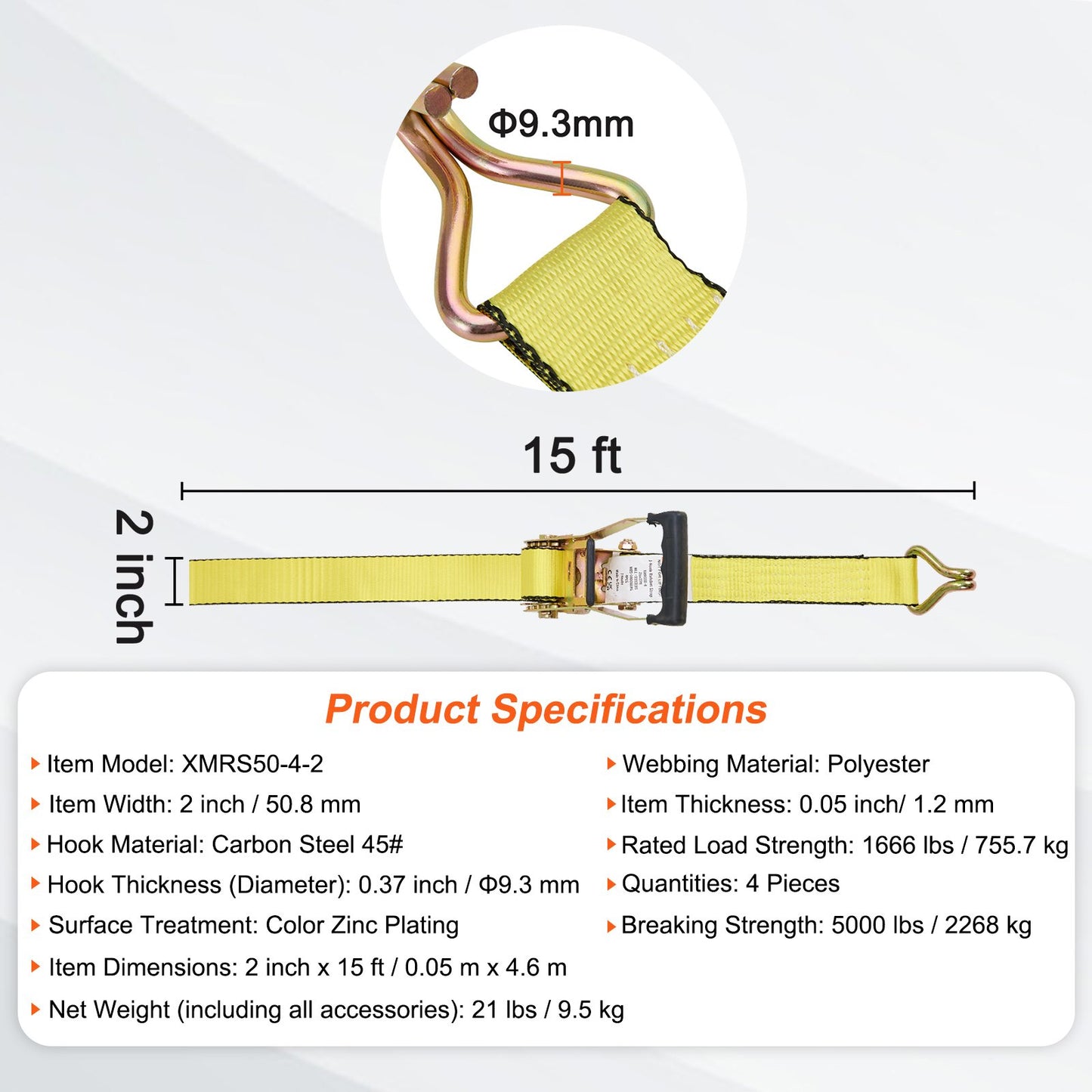 Ratchet Tie Down Straps (4PK), 5000 lb Break Strength, Double J Hook Includes 4 Premium 2" x 15' Rachet Tie Downs with Padded Handles, for Moving Securing Cargo, Appliances, Lawn Equipment