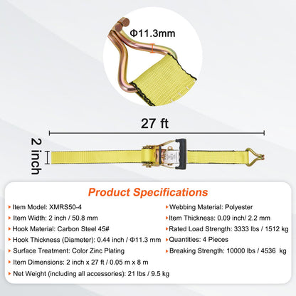 Ratchet Tie Down Straps (4PK), 10000 lb Break Strength, Double J Hook Includes 4 Premium 2" x 27' Rachet Tie Downs with Padded Handles, for Moving Securing Cargo, Appliances, Lawn Equipment