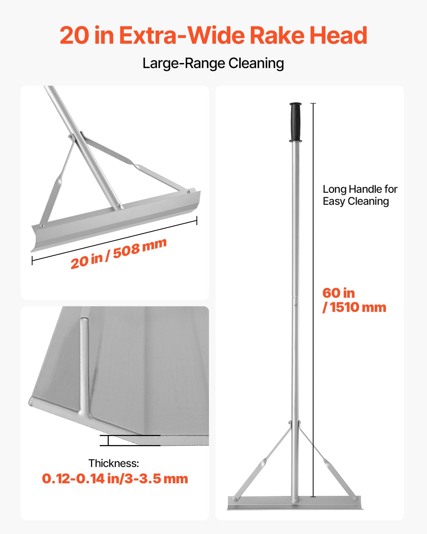 Landscape Rake, 1510 mm Handle 508 mm Wide Head, Large Heavy Duty Aluminum Landscaping Level, Asphalt Rake Tool for Asphalt & Land Leveling, Concrete Paving, Sand Flattening, No Teeth