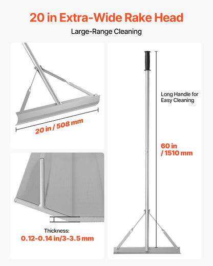 Landscape Rake, 1510 mm Handle 508 mm Wide Head, Large Heavy Duty Aluminum Landscaping Level, Asphalt Rake Tool for Asphalt & Land Leveling, Concrete Paving, Sand Flattening, No Teeth