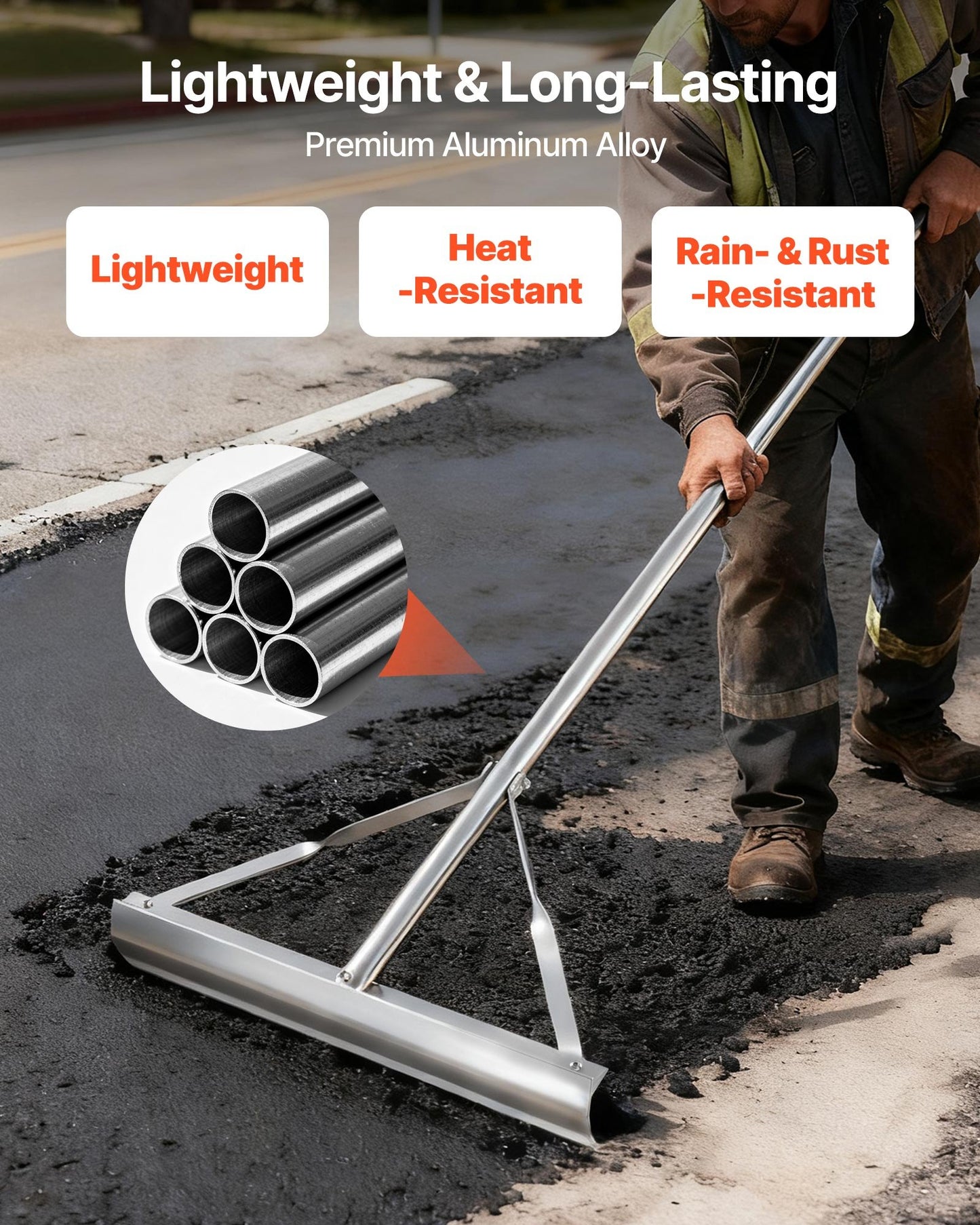 Landscape Rake, 1510 mm Handle 508 mm Wide Head, Large Heavy Duty Aluminum Landscaping Level, Asphalt Rake Tool for Asphalt & Land Leveling, Concrete Paving, Sand Flattening, No Teeth