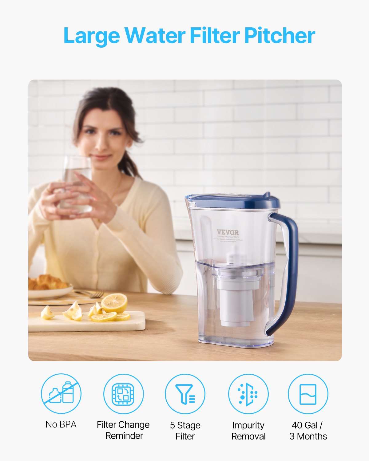 Vattenfilterkanna, 9 koppar, 5-stegs vattenfilterdispenser, snabbt filtreringssystem med filterbytesindikator, ingen BPA, håller i 3 månader eller 40 gallon, minskar kalkavlagringar, bly, klor och lukter