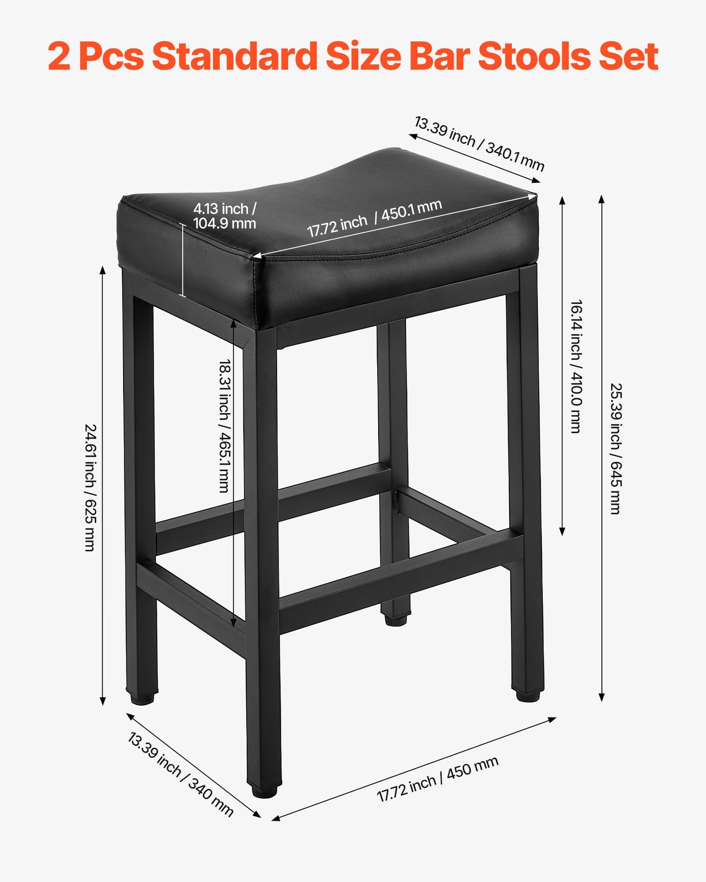 Barstolsset om 2, PU-läderpallar med bänkhöjd, 62 cm barstol med sadelsits och metallben, enkel montering, rygglös barstol, barö för kök, matsal, café, svart