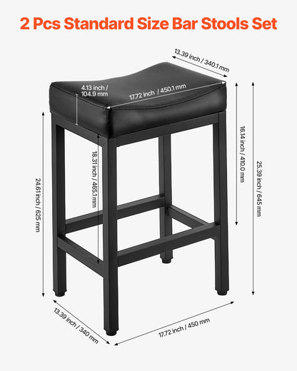 Barstolsset om 2, PU-läderpallar med bänkhöjd, 62 cm barstol med sadelsits och metallben, enkel montering, rygglös barstol, barö för kök, matsal, café, svart