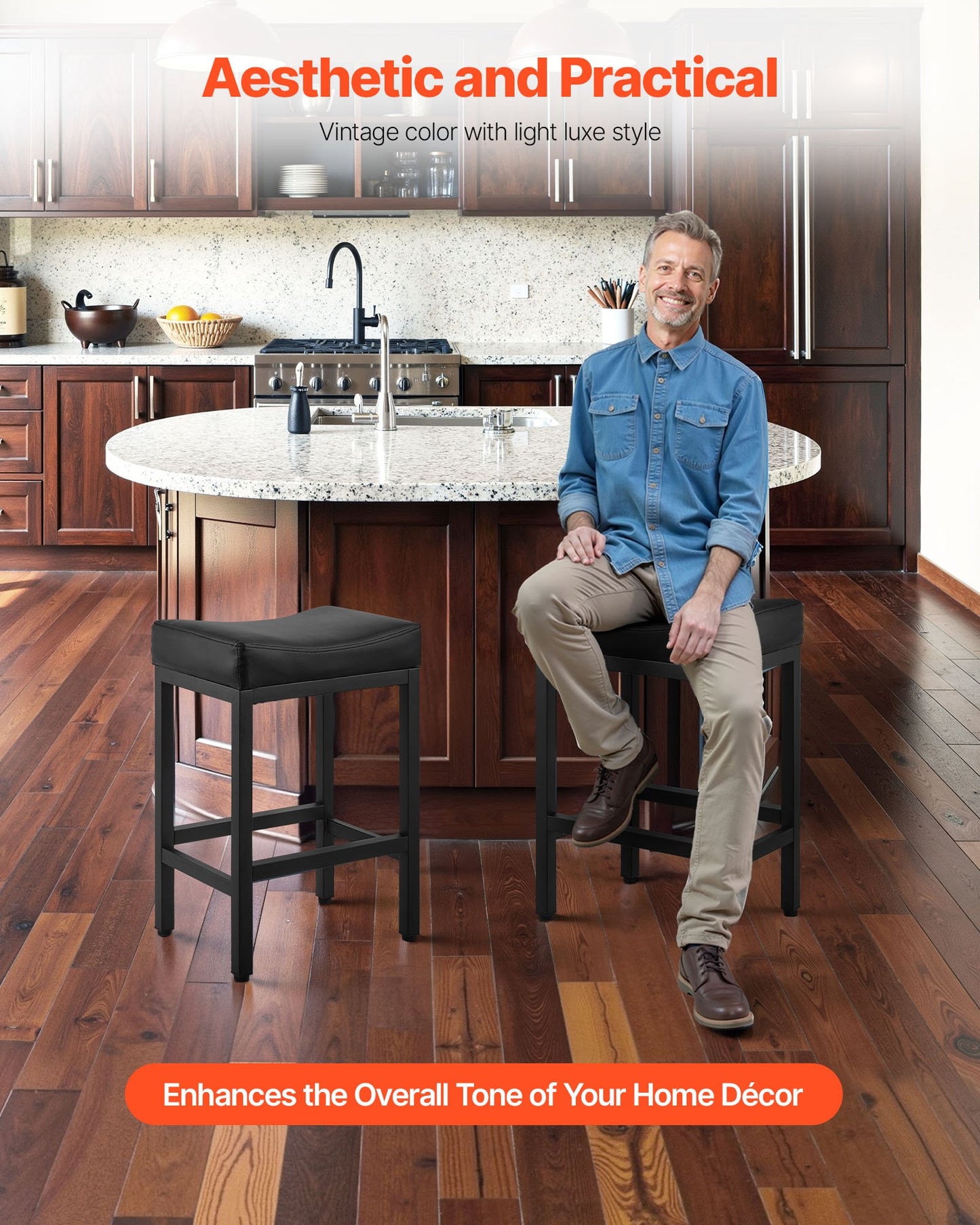 Barstolsset om 2, PU-läderpallar med bänkhöjd, 62 cm barstol med sadelsits och metallben, enkel montering, rygglös barstol, barö för kök, matsal, café, svart