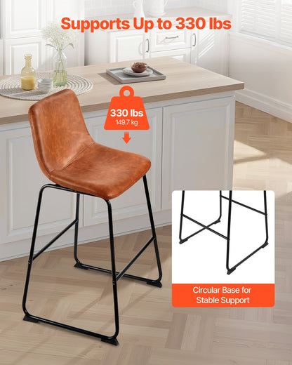 Bar Stool Set of 4, 65cm Counter Height Stools, Modern PU Leather Counter Barstool with Backrest, Metal Legs, Easy Assembly Armless Bar Chair, Island Barstool for Kitchen, Dining Room, Brown