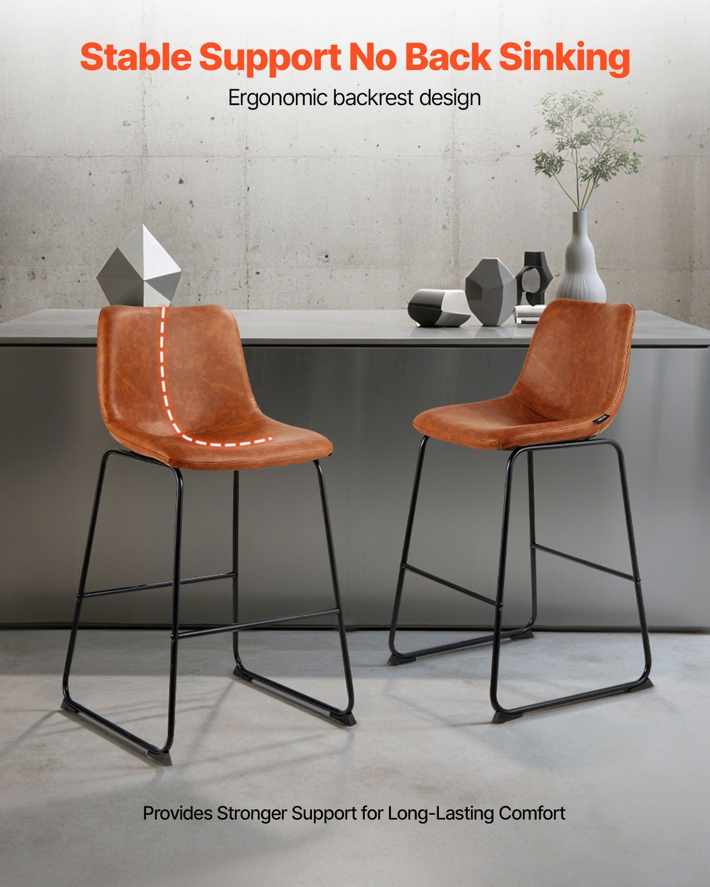 Bar Stool Set of 4, 65cm Counter Height Stools, Modern PU Leather Counter Barstool with Backrest, Metal Legs, Easy Assembly Armless Bar Chair, Island Barstool for Kitchen, Dining Room, Brown