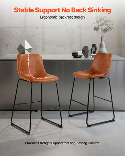 Bar Stool Set of 4, 65cm Counter Height Stools, Modern PU Leather Counter Barstool with Backrest, Metal Legs, Easy Assembly Armless Bar Chair, Island Barstool for Kitchen, Dining Room, Brown