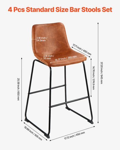 Bar Stool Set of 4, 65cm Counter Height Stools, Modern PU Leather Counter Barstool with Backrest, Metal Legs, Easy Assembly Armless Bar Chair, Island Barstool for Kitchen, Dining Room, Brown