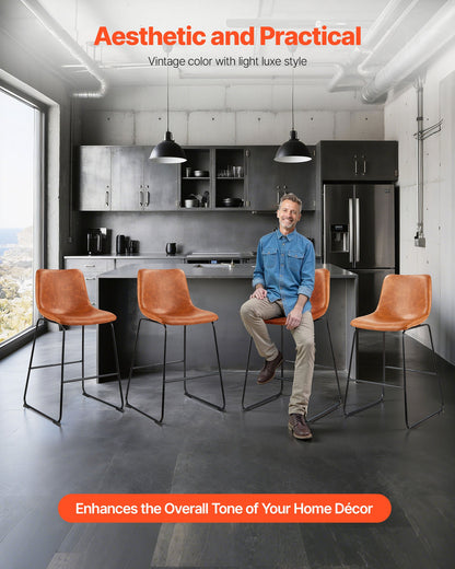 Bar Stool Set of 4, 65cm Counter Height Stools, Modern PU Leather Counter Barstool with Backrest, Metal Legs, Easy Assembly Armless Bar Chair, Island Barstool for Kitchen, Dining Room, Brown