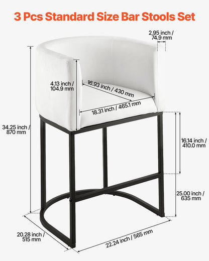 Bar Stool Set of 3, 63cm Counter Height Stools, Counter Barstool with Backrest, Arm, Metal Frame, and Footrest, Accent Fabric Bar Chair, Island Barstools for Kitchen, Dining Room, White