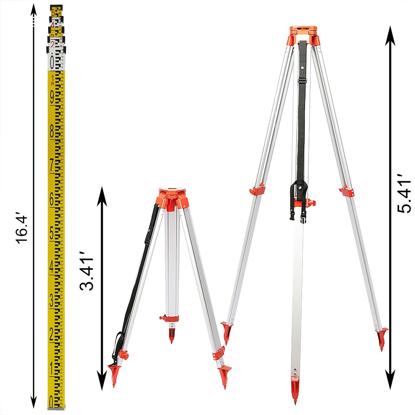 1.65M Aluminum Tripod + 5M 5 Section Dumpy Laser Level Staff for Rotary Laser Level