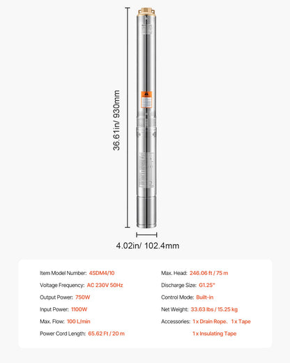 Deep Well Submersible Pump, 750W Output Power, 230V, 100 L/min Flow 75 m(246 ft) Head, with 20 m(65.62 ft) Cord, Stainless Steel Water Pump, for Industrial Irrigation and Home Use, IP68 Waterproof Grade