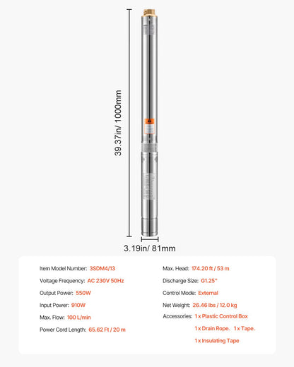 Deep Well Submersible Pump, 550W Output Power, 230V, 100 L/min Flow 53 m(174 ft) Head, with 20 m(65.62 ft) Cord External Control Box, Stainless Steel Water Pump, for Industrial Irrigation and Home Use, IP68