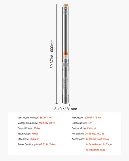 Deep Well Submersible Pump, 550W Output Power, 230V, 65 L/min Flow 64 m(210 ft) Head, with 20 m(65.62 ft) Cord External Control Box, Stainless Steel Water Pump, for Industrial Irrigation and Home Use, IP68