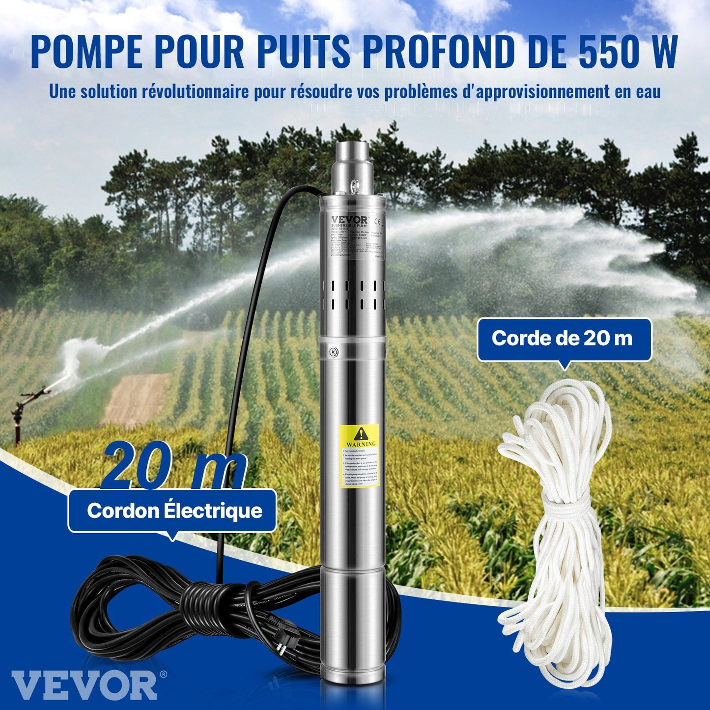 Deep Well Submersible Pump, 550W 230V/50Hz, 35L/min 108 m Head Sand Resistant <5%, 20 m Electric Cord, 7.6 cm Stainless Steel Water Pumps for Industrial, Irrigation & Home Use, IP68 Waterproof