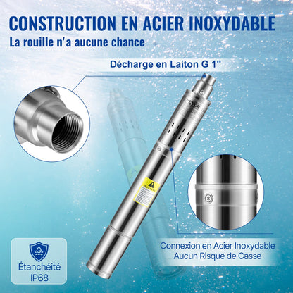 Deep Well Submersible Pump, 550W 230V/50Hz, 35L/min 108 m Head Sand Resistant <5%, 20 m Electric Cord, 7.6 cm Stainless Steel Water Pumps for Industrial, Irrigation & Home Use, IP68 Waterproof