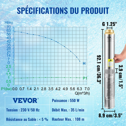 Deep Well Submersible Pump, 550W 230V/50Hz, 35L/min 108 m Head Sand Resistant <5%, 20 m Electric Cord, 7.6 cm Stainless Steel Water Pumps for Industrial, Irrigation & Home Use, IP68 Waterproof