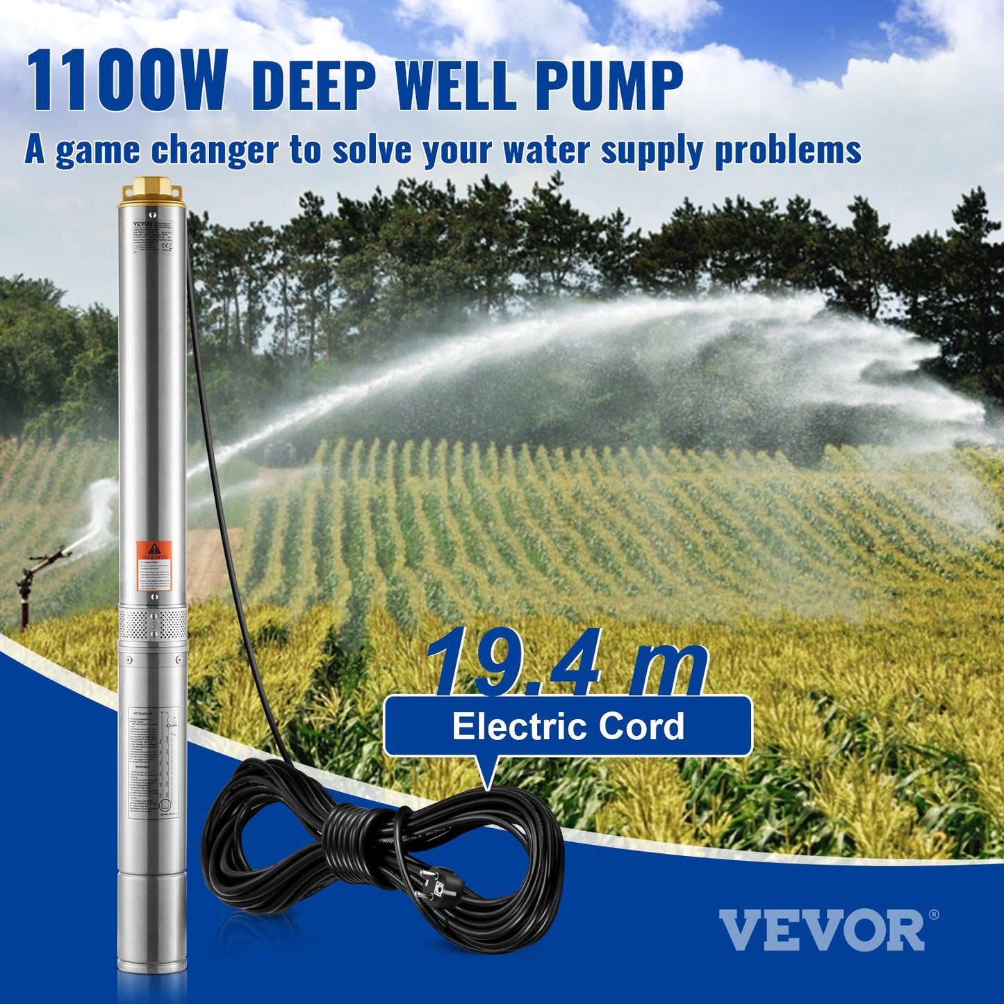 Deep Well Submersible Pump, 1100W 230V 50Hz, 7.1 m³/h Max Flow 105 m Max Head with 19.4 m Electric Cord, Stainless Steel Water Pumps for Industrial Irrigation and Home Use, IP68 Waterproof Grade
