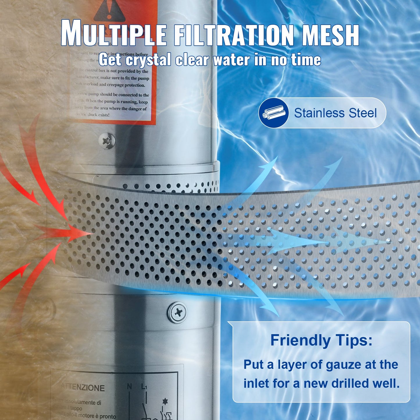 Deep Well Submersible Pump, 1100W 230V 50Hz, 7.1 m³/h Max Flow 105 m Max Head with 19.4 m Electric Cord, Stainless Steel Water Pumps for Industrial Irrigation and Home Use, IP68 Waterproof Grade