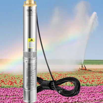 Deep Well Submersible Pump, 750W 230V/50Hz, 100L/min 66 m Head Sand Resistant <5%, 20 m Electric Cord, 7.6 cm Stainless Steel Water Pumps for Industrial, Irrigation & Home Use, IP68 Waterproof