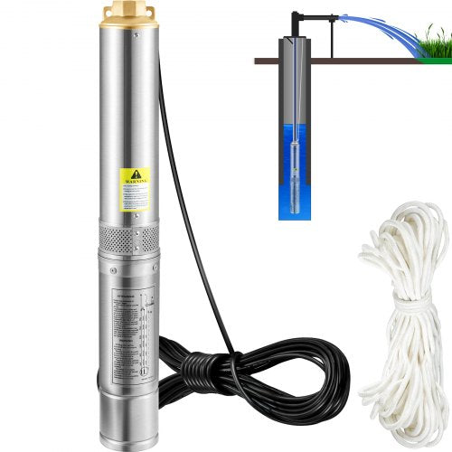 Deep Well Submersible Pump, 750W 230V/50Hz, 105L/min 62 m Head Sand Resistant <5%, 20 m Electric Cord, 8.9 cm Stainless Steel Water Pumps for Industrial, Irrigation & Home Use, IP68 Waterproof
