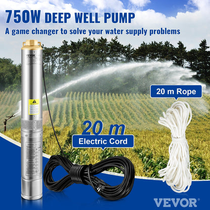 Deep Well Submersible Pump, 750W 230V/50Hz, 105L/min 62 m Head Sand Resistant <5%, 20 m Electric Cord, 8.9 cm Stainless Steel Water Pumps for Industrial, Irrigation & Home Use, IP68 Waterproof