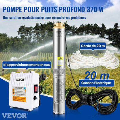Deep Well Submersible Pump, 370W 230V/50Hz, 110L/min 44 m Head, with 20 m Cord & External Control Box, 10.2 cm Stainless Steel Water Pumps for Industrial, Irrigation & Home Use, IP68 Waterproof