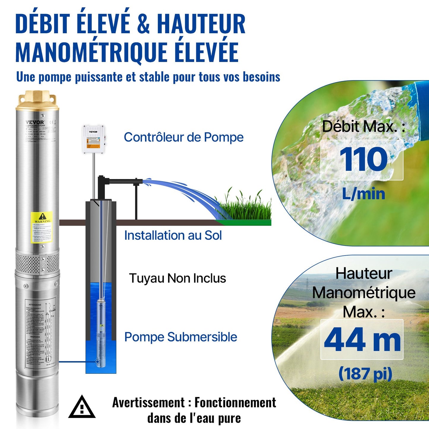 Deep Well Submersible Pump, 370W 230V/50Hz, 110L/min 44 m Head, with 20 m Cord & External Control Box, 10.2 cm Stainless Steel Water Pumps for Industrial, Irrigation & Home Use, IP68 Waterproof