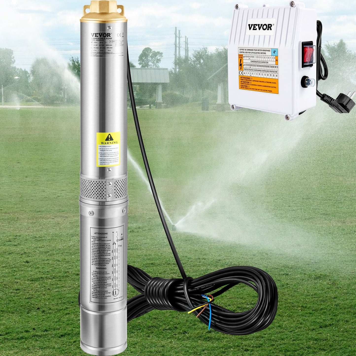 Deep Well Submersible Pump, 370W 230V/50Hz, 110L/min 44 m Head, with 20 m Cord & External Control Box, 10.2 cm Stainless Steel Water Pumps for Industrial, Irrigation & Home Use, IP68 Waterproof