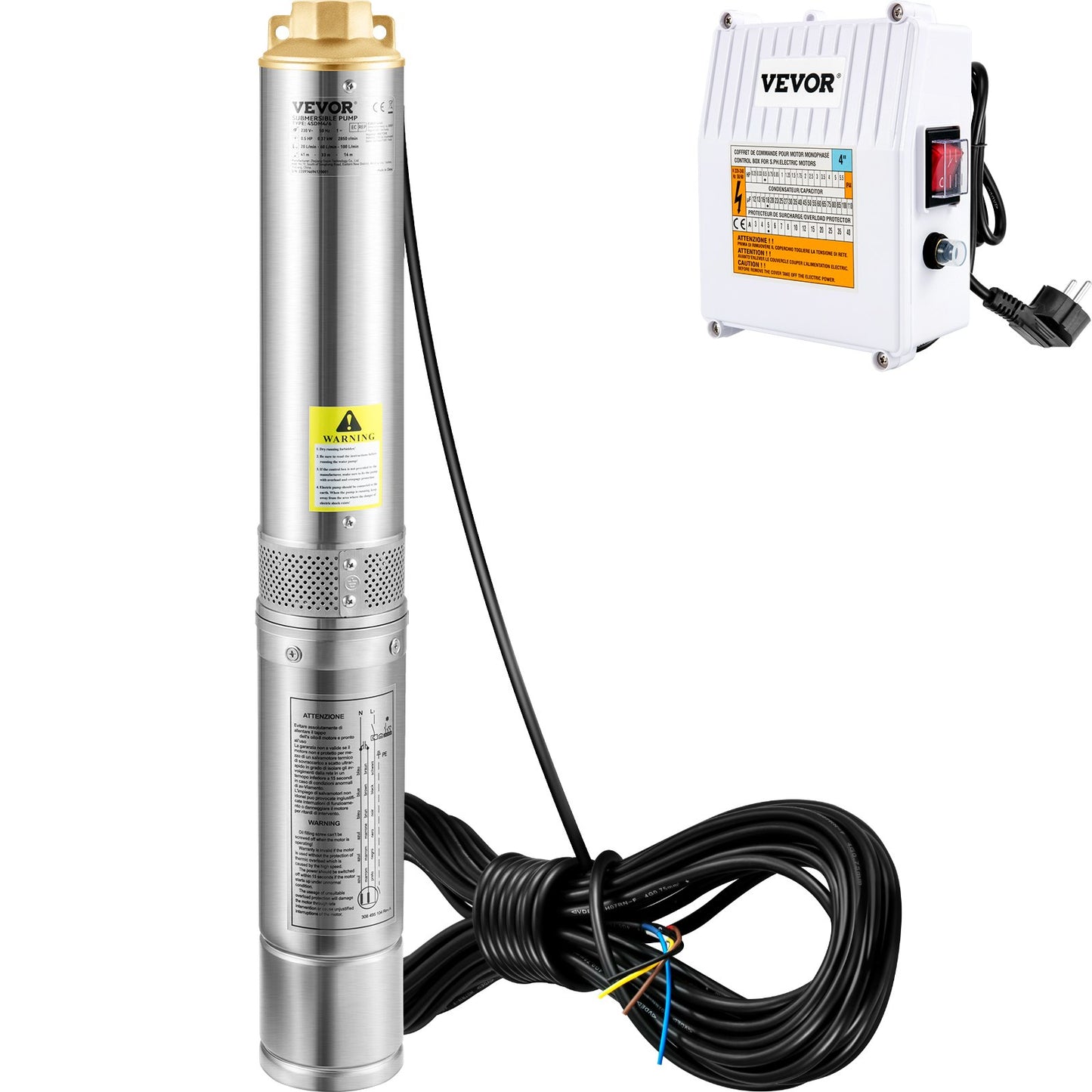 Deep Well Submersible Pump, 370W 230V/50Hz, 110L/min 44 m Head, with 20 m Cord & External Control Box, 10.2 cm Stainless Steel Water Pumps for Industrial, Irrigation & Home Use, IP68 Waterproof