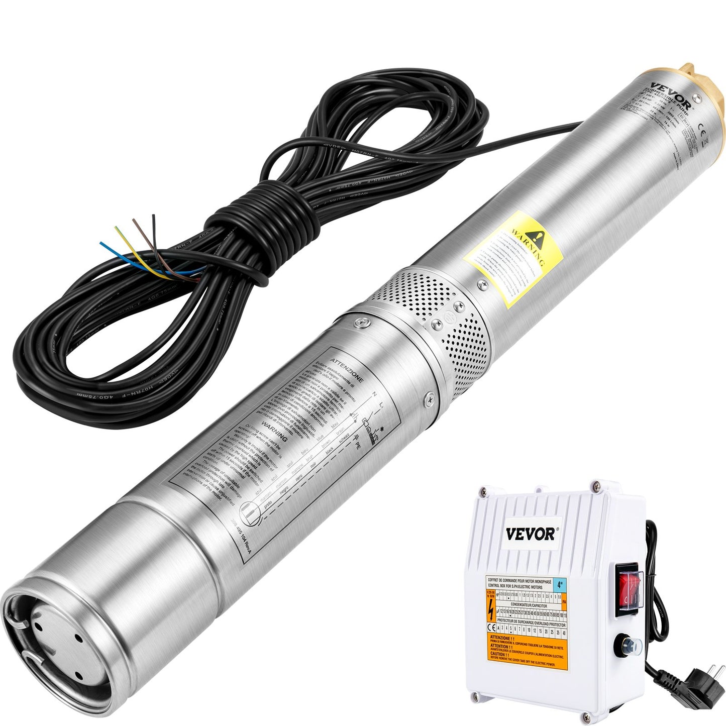 Deep Well Submersible Pump, 370W 230V/50Hz, 110L/min 44 m Head, with 20 m Cord & External Control Box, 10.2 cm Stainless Steel Water Pumps for Industrial, Irrigation & Home Use, IP68 Waterproof