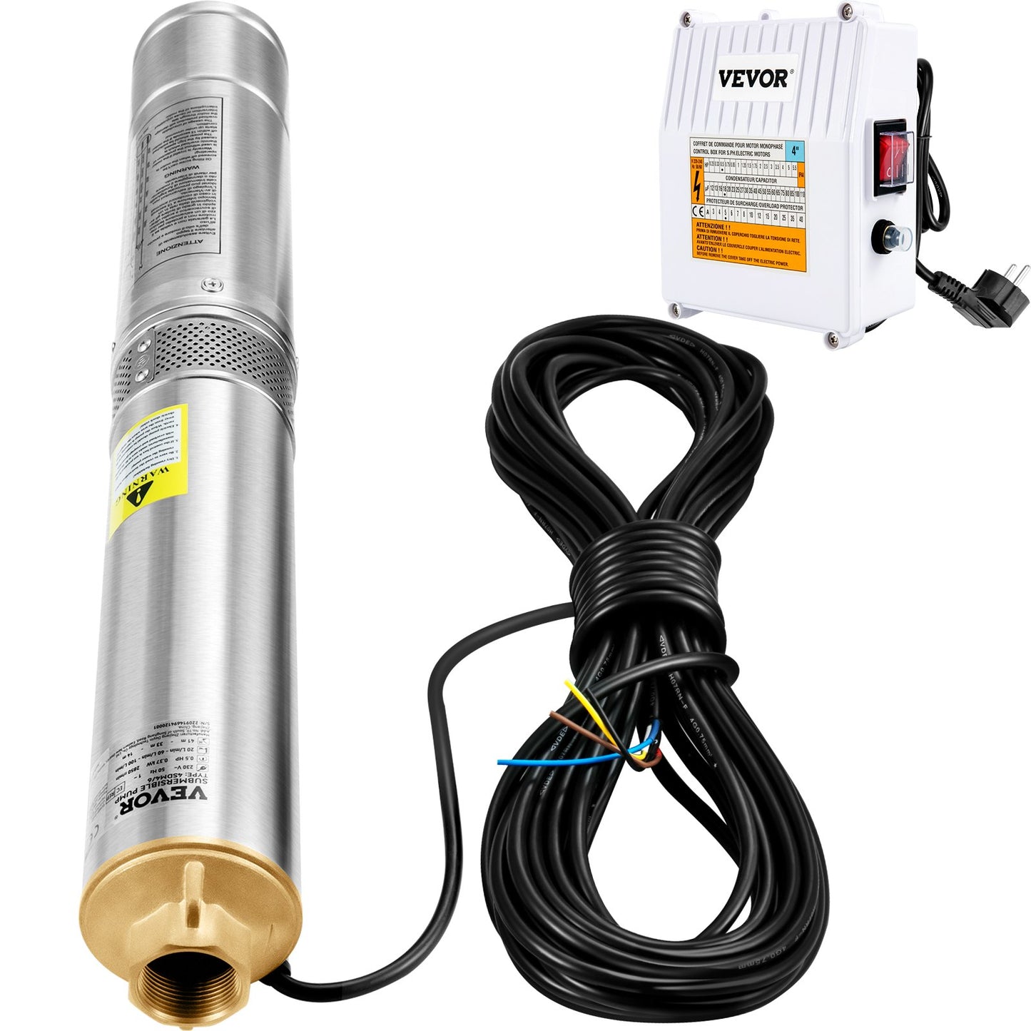 Deep Well Submersible Pump, 370W 230V/50Hz, 110L/min 44 m Head, with 20 m Cord & External Control Box, 10.2 cm Stainless Steel Water Pumps for Industrial, Irrigation & Home Use, IP68 Waterproof