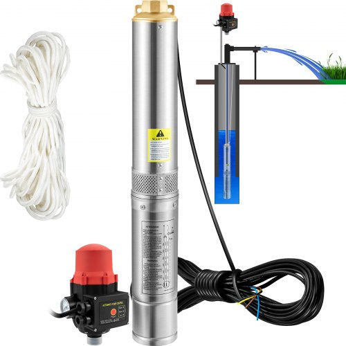 Deep Well Submersible Pump, 550W 230V/50Hz, 50L/min 89 m Head, 20 m Cord & Automatic Pressure Switch, 8.2 cm Stainless Steel Water Pumps for Industrial, Irrigation & Home Use, IP68 Waterproof