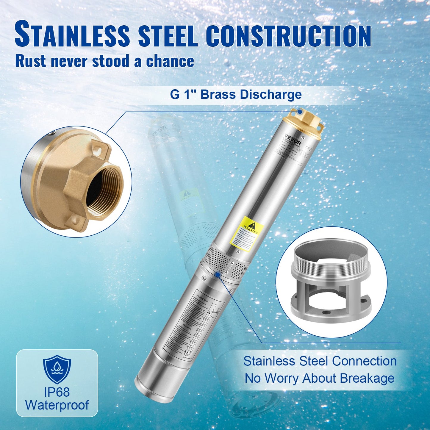 Deep Well Submersible Pump, 550W 230V/50Hz, 50L/min 89 m Head, 20 m Cord & Automatic Pressure Switch, 8.2 cm Stainless Steel Water Pumps for Industrial, Irrigation & Home Use, IP68 Waterproof