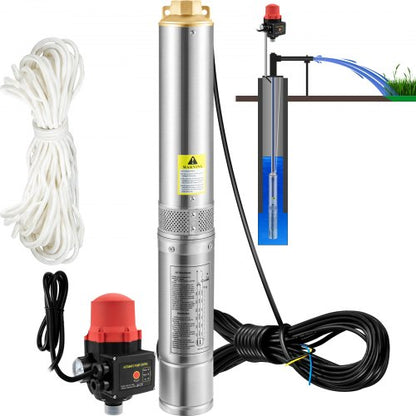 Deep Well Submersible Pump, 750W 230V/50Hz, 105L/min 62 m Head, 20 m Cord & Automatic Pressure Switch, 8.9 cm Stainless Steel Water Pumps for Industrial, Irrigation & Home Use, IP68 Waterproof