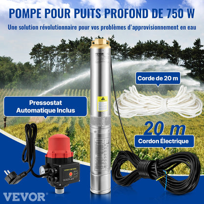 Deep Well Submersible Pump, 750W 230V/50Hz, 105L/min 62 m Head, 20 m Cord & Automatic Pressure Switch, 8.9 cm Stainless Steel Water Pumps for Industrial, Irrigation & Home Use, IP68 Waterproof